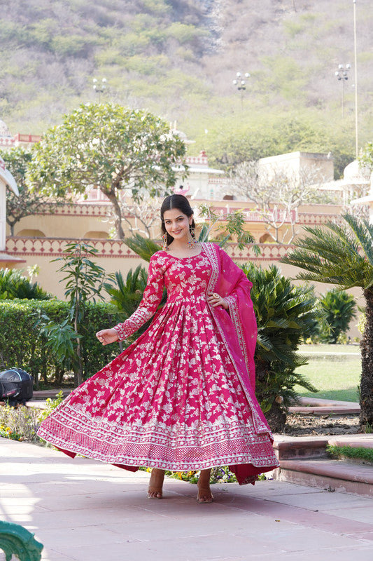 Jyoti Fashion Women's Pink Viscose Jacquard with Sequins Embroidered Anarkali Dress with Dupatta - Distacart