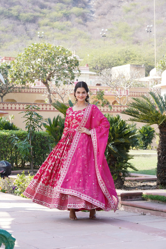 Jyoti Fashion Women's Pink Viscose Jacquard with Sequins Embroidered Anarkali Dress with Dupatta - Distacart