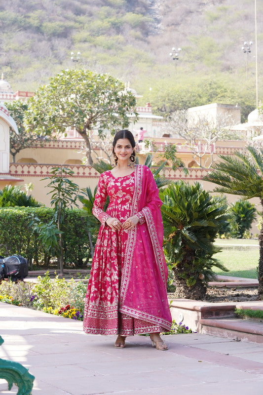 Jyoti Fashion Women's Pink Viscose Jacquard with Sequins Embroidered Anarkali Dress with Dupatta - Distacart