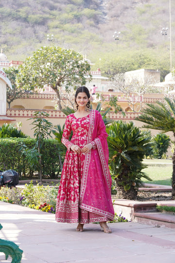 Jyoti Fashion Women's Pink Viscose Jacquard with Sequins Embroidered Anarkali Dress with Dupatta - Distacart