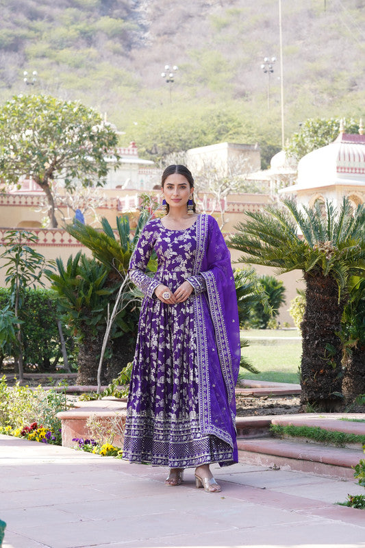 Jyoti Fashion Women's Purple Viscose Jacquard with Sequins Embroidered Anarkali Dress with Dupatta - Distacart