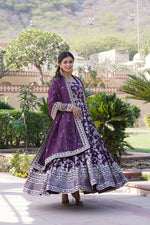 Thumbnail for Jyoti Fashion Women's Wine Viscose Jacquard with Sequins Embroidered Anarkali Dress with Dupatta - Distacart