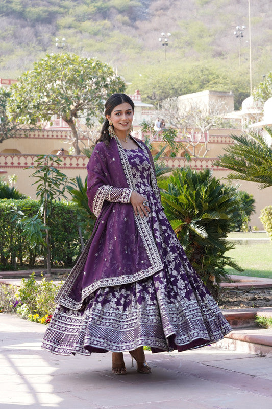 Jyoti Fashion Women's Wine Viscose Jacquard with Sequins Embroidered Anarkali Dress with Dupatta - Distacart