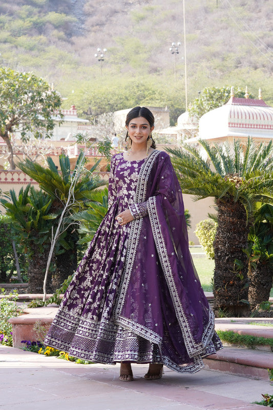 Jyoti Fashion Women's Wine Viscose Jacquard with Sequins Embroidered Anarkali Dress with Dupatta - Distacart