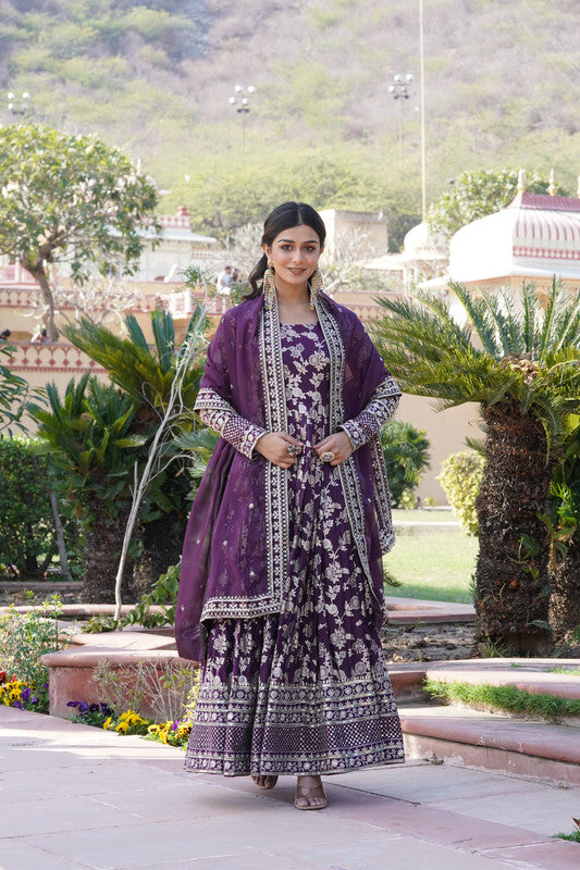 Jyoti Fashion Women's Wine Viscose Jacquard with Sequins Embroidered Anarkali Dress with Dupatta - Distacart