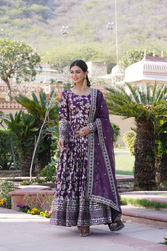 Jyoti Fashion Women's Wine Viscose Jacquard with Sequins Embroidered Anarkali Dress with Dupatta - Distacart