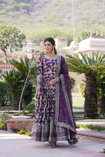Thumbnail for Jyoti Fashion Women's Wine Viscose Jacquard with Sequins Embroidered Anarkali Dress with Dupatta - Distacart