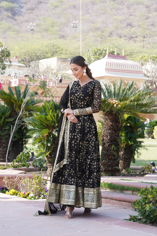 Jyoti Fashion Women's Black Faux Blooming Sequins Thread Embroidered Anarkali Dress with Dupatta - Distacart