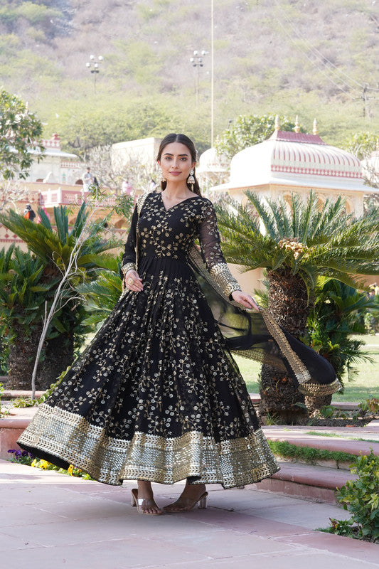 Jyoti Fashion Women's Black Faux Blooming Sequins Thread Embroidered Anarkali Dress with Dupatta - Distacart