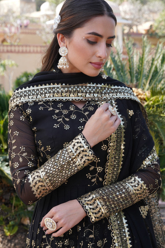 Jyoti Fashion Women's Black Faux Blooming Sequins Thread Embroidered Anarkali Dress with Dupatta - Distacart