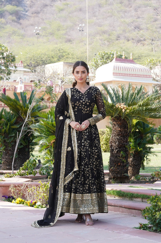 Jyoti Fashion Women's Black Faux Blooming Sequins Thread Embroidered Anarkali Dress with Dupatta - Distacart