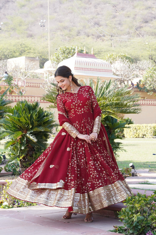 Jyoti Fashion Women's Maroon Faux Blooming Sequins Thread Embroidered Anarkali Dress with Dupatta - Distacart