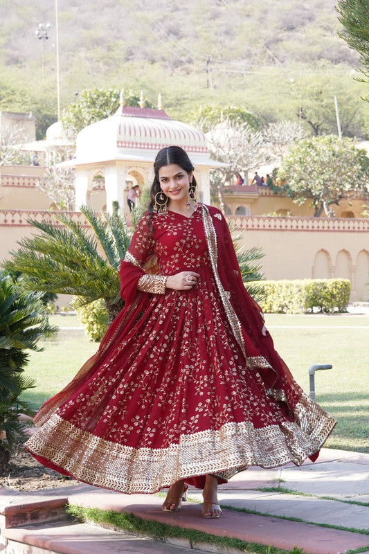 Jyoti Fashion Women's Maroon Faux Blooming Sequins Thread Embroidered Anarkali Dress with Dupatta - Distacart