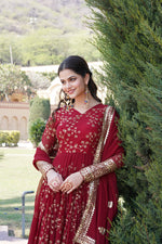 Thumbnail for Jyoti Fashion Women's Maroon Faux Blooming Sequins Thread Embroidered Anarkali Dress with Dupatta - Distacart