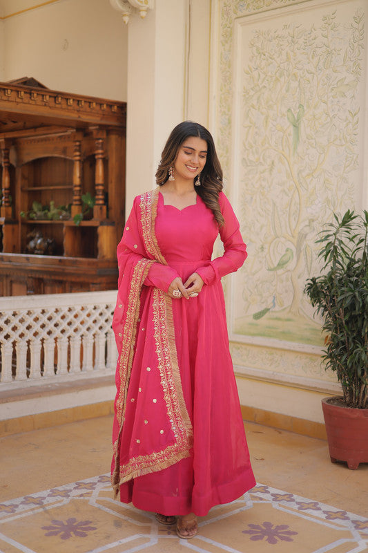 Jyoti Fashion Women's Pink Russian Silk Kali work Partywear Anarkali Dress with Dupatta - Distacart