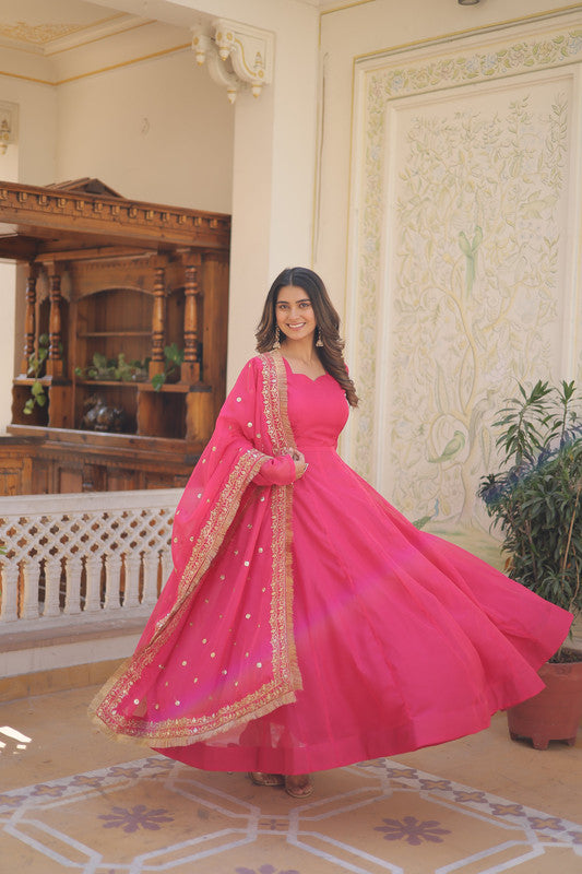 Jyoti Fashion Women's Pink Russian Silk Kali work Partywear Anarkali Dress with Dupatta - Distacart