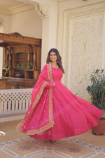 Thumbnail for Jyoti Fashion Women's Pink Russian Silk Kali work Partywear Anarkali Dress with Dupatta - Distacart