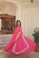Thumbnail for Jyoti Fashion Women's Pink Russian Silk Kali work Partywear Anarkali Dress with Dupatta - Distacart
