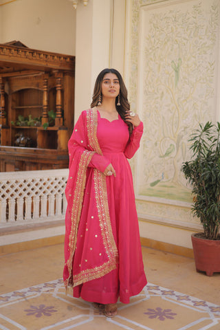 Jyoti Fashion Women's Pink Russian Silk Kali work Partywear Anarkali Dress with Dupatta - Distacart
