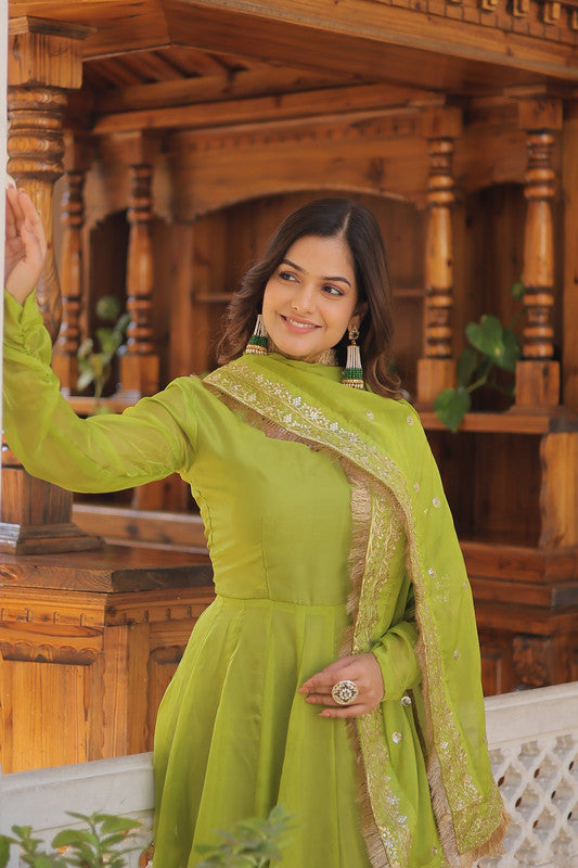 Jyoti Fashion Women's Green Russian Silk Kali work Partywear Anarkali Dress with Dupatta - Distacart