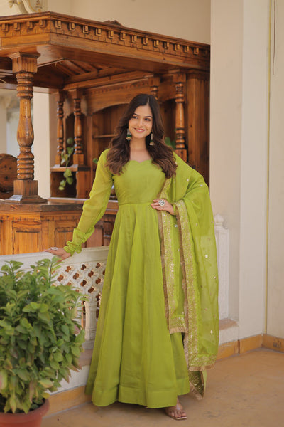 Jyoti Fashion Women's Green Russian Silk Kali work Partywear Anarkali Dress with Dupatta - Distacart