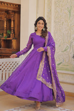 Thumbnail for Jyoti Fashion Women's Purple Russian Silk Kali work Partywear Anarkali Dress with Dupatta - Distacart