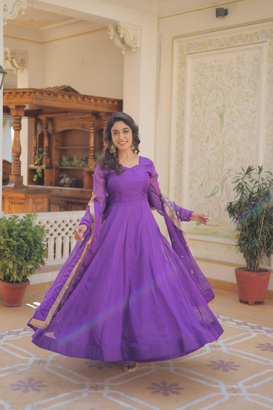 Jyoti Fashion Women's Purple Russian Silk Kali work Partywear Anarkali Dress with Dupatta - Distacart