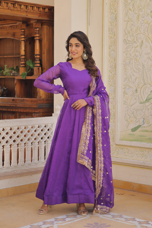 Jyoti Fashion Women's Purple Russian Silk Kali work Partywear Anarkali Dress with Dupatta - Distacart