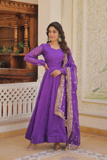 Thumbnail for Jyoti Fashion Women's Purple Russian Silk Kali work Partywear Anarkali Dress with Dupatta - Distacart