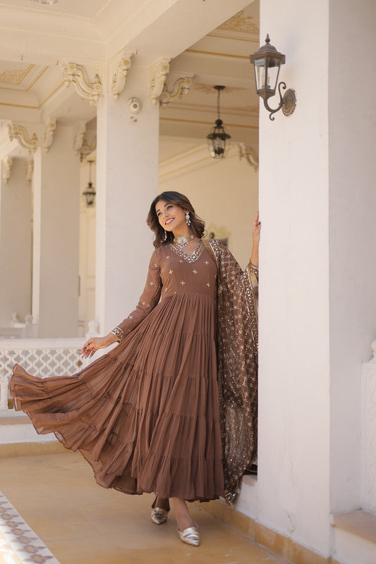 Jyoti Fashion Women's Coffee Faux Georgette Embroidered Partywear Anarkali Dress with Dupatta - Distacart