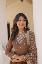 Thumbnail for Jyoti Fashion Women's Coffee Faux Georgette Embroidered Partywear Anarkali Dress with Dupatta - Distacart
