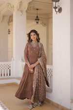 Thumbnail for Jyoti Fashion Women's Coffee Faux Georgette Embroidered Partywear Anarkali Dress with Dupatta - Distacart