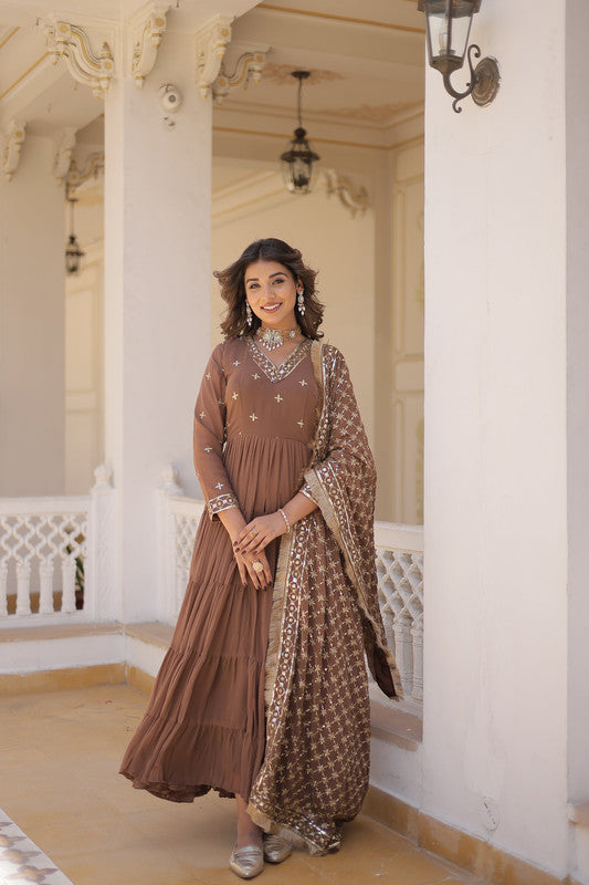 Jyoti Fashion Women's Coffee Faux Georgette Embroidered Partywear Anarkali Dress with Dupatta - Distacart