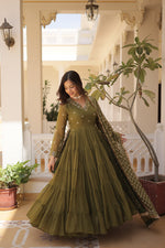 Thumbnail for Jyoti Fashion Women's Mehendi Faux Georgette Embroidered Partywear Anarkali Dress with Dupatta - Distacart