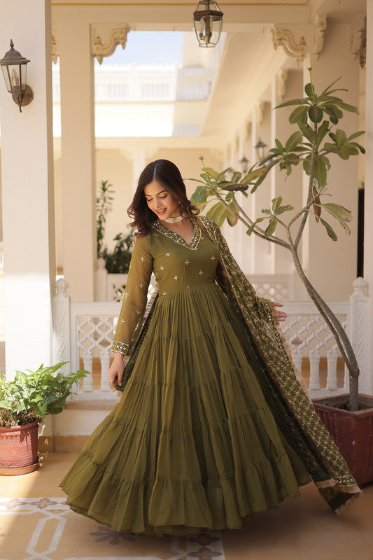 Jyoti Fashion Women's Mehendi Faux Georgette Embroidered Partywear Anarkali Dress with Dupatta - Distacart
