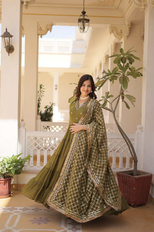Jyoti Fashion Women's Mehendi Faux Georgette Embroidered Partywear Anarkali Dress with Dupatta - Distacart