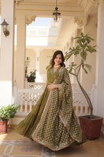 Thumbnail for Jyoti Fashion Women's Mehendi Faux Georgette Embroidered Partywear Anarkali Dress with Dupatta - Distacart