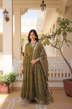 Thumbnail for Jyoti Fashion Women's Mehendi Faux Georgette Embroidered Partywear Anarkali Dress with Dupatta - Distacart