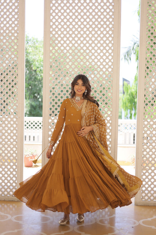 Jyoti Fashion Women's Mustard Faux Georgette Embroidered Partywear Anarkali Dress with Dupatta - Distacart