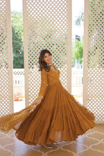 Thumbnail for Jyoti Fashion Women's Mustard Faux Georgette Embroidered Partywear Anarkali Dress with Dupatta - Distacart