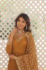 Thumbnail for Jyoti Fashion Women's Mustard Faux Georgette Embroidered Partywear Anarkali Dress with Dupatta - Distacart