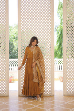 Thumbnail for Jyoti Fashion Women's Mustard Faux Georgette Embroidered Partywear Anarkali Dress with Dupatta - Distacart