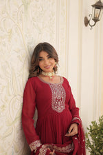 Thumbnail for Jyoti Fashion Women's Maroon Faux Blooming Sequins Embroidered Partywear Anarkali Dress with Dupatta - Distacart
