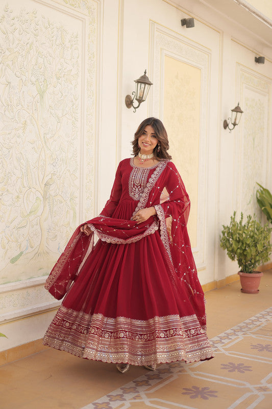 Jyoti Fashion Women's Maroon Faux Blooming Sequins Embroidered Partywear Anarkali Dress with Dupatta - Distacart