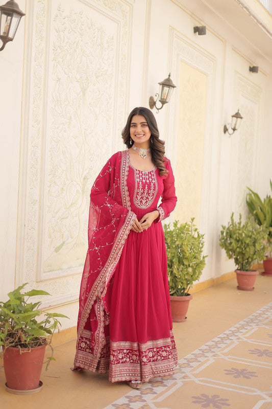 Jyoti Fashion Women's Rani Pink Faux Blooming Sequins Embroidered Partywear Anarkali Dress with Dupatta - Distacart