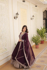 Thumbnail for Jyoti Fashion Women's Wine Faux Blooming Sequins Embroidered Partywear Anarkali Dress with Dupatta - Distacart