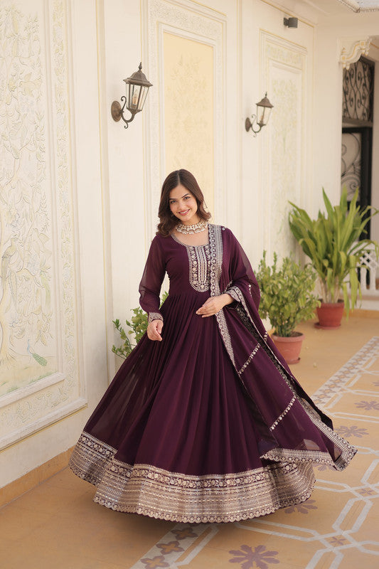 Jyoti Fashion Women's Wine Faux Blooming Sequins Embroidered Partywear Anarkali Dress with Dupatta - Distacart