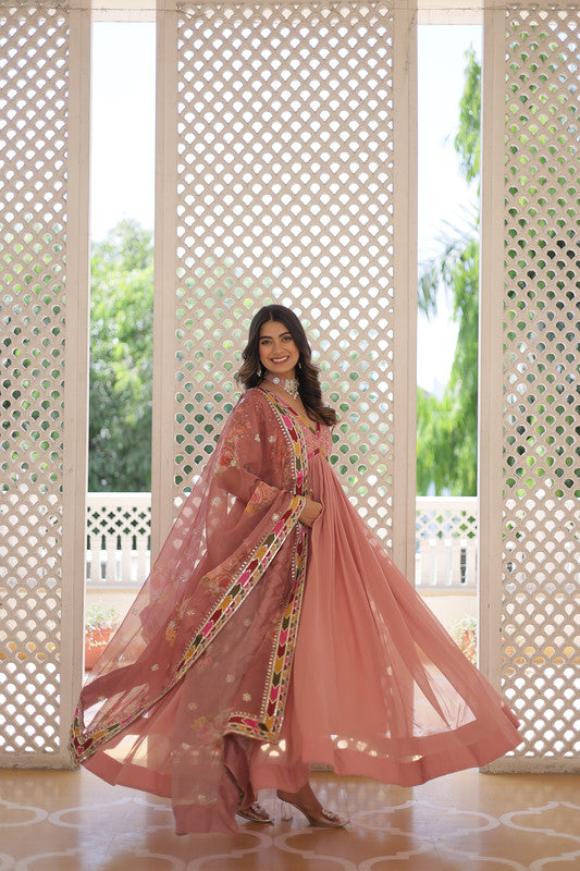Jyoti Fashion Women's Peach Faux Georgette Sequins Zari Embroidered Anarkali Dress with Dupatta - Distacart