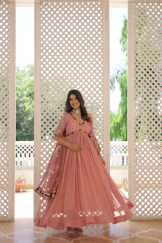 Jyoti Fashion Women's Peach Faux Georgette Sequins Zari Embroidered Anarkali Dress with Dupatta - Distacart