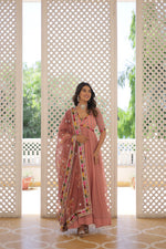 Thumbnail for Jyoti Fashion Women's Peach Faux Georgette Sequins Zari Embroidered Anarkali Dress with Dupatta - Distacart